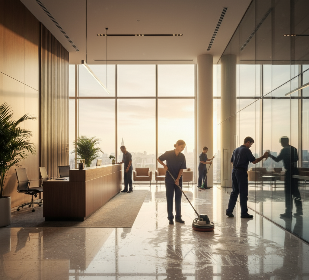 Professional janitorial staff polishing a lobby floor