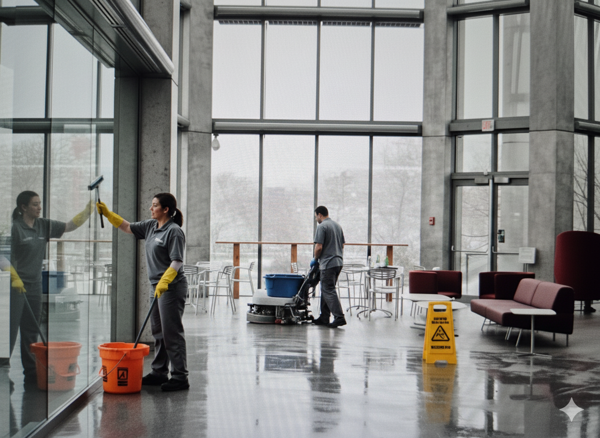 Janitorial team maintaining a lobby